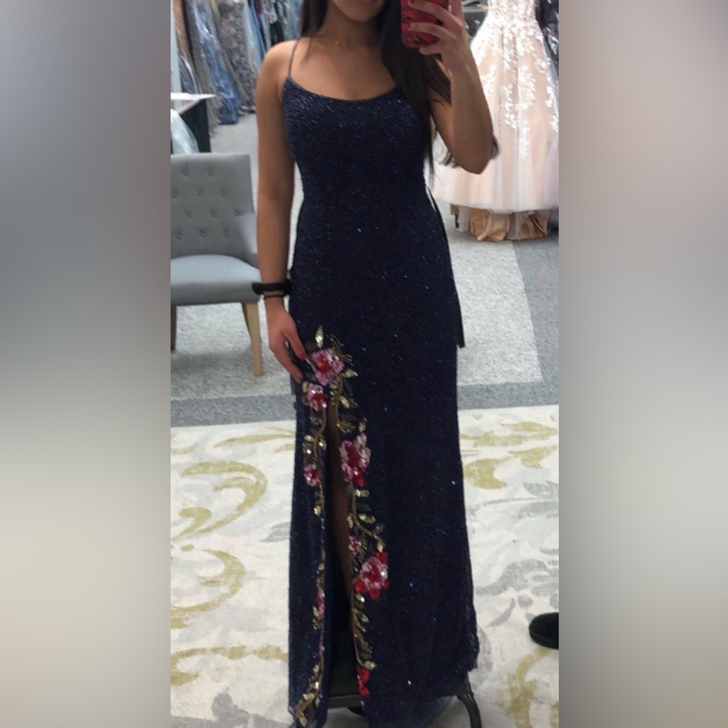 Primavera Couture Navy Beaded Prom Gown With Pink Floral Embroidery
